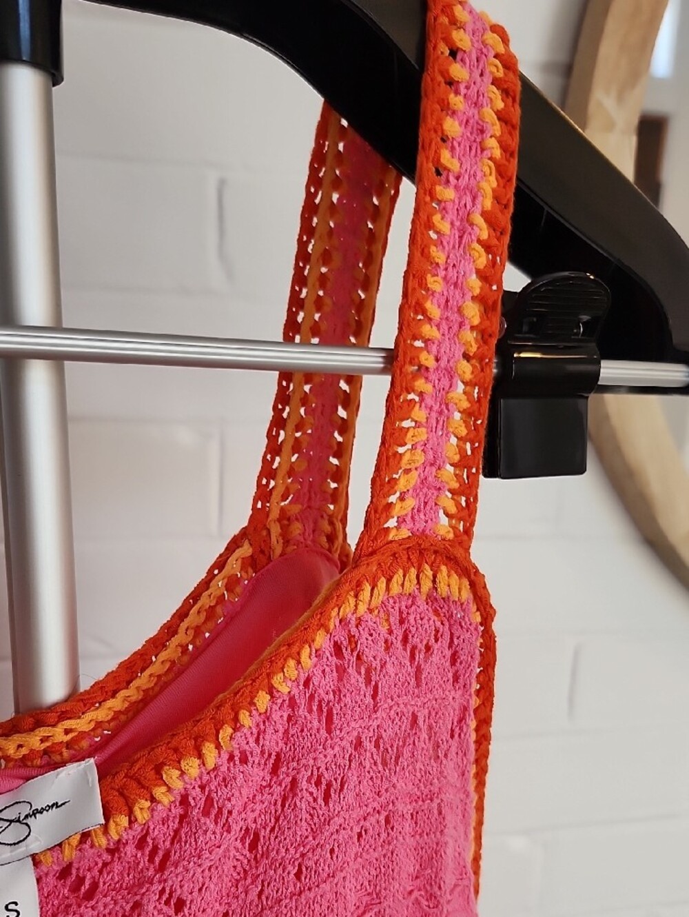 Pink Crochet Maxi Dress with Orange Trim, Small - Picture 5 of 9